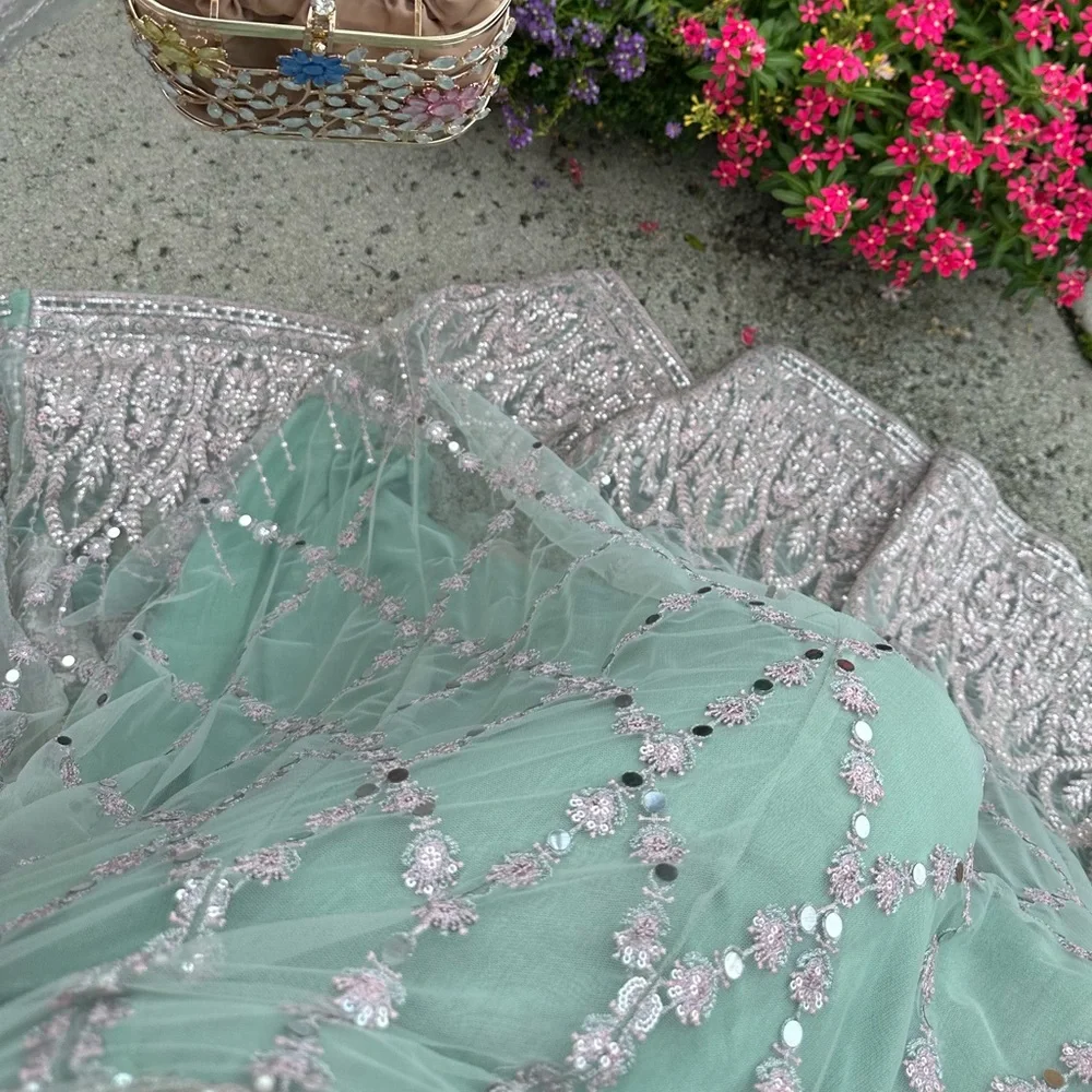 Elegant Blue, Silver, & Pearl Embroidered Anarkali - Picture 4 of 12